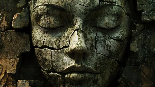 Weathered stone face sculpture with cracked serene features.