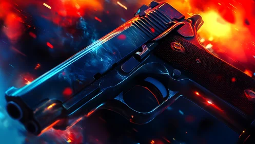 Molten muzzle flash ignites a chrome pistol in neon storm.