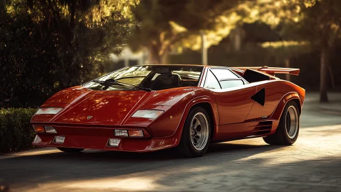 Sunset cruise with a classic red supercar icon on display.