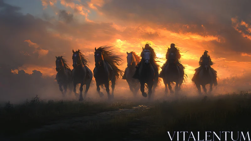 Wild horses thunder across a misty plain at burning sunset