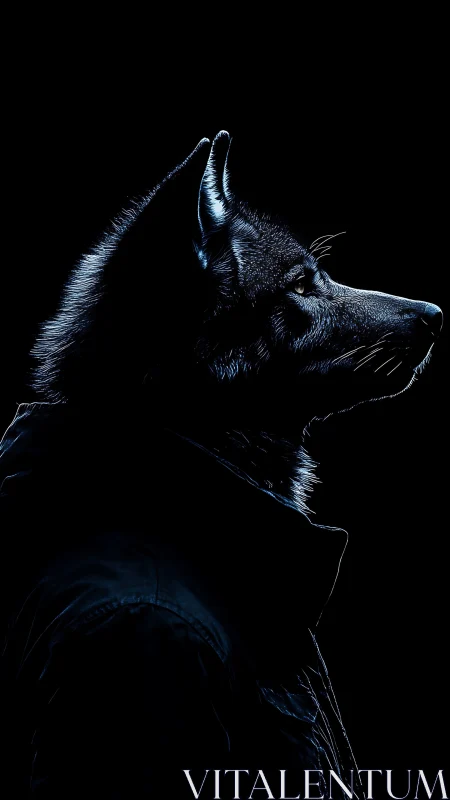 Moonlit wolf in a coat quietly studies the darkness ahead