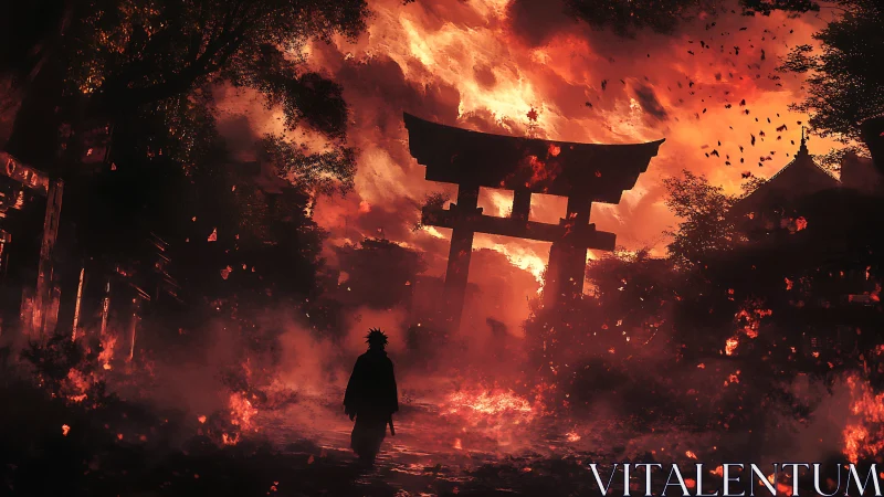Lone warrior walks toward burning torii gate in red inferno.
