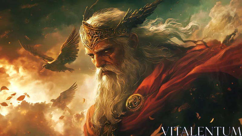 Elderly crowned figure with ravens in turbulent sky scene.