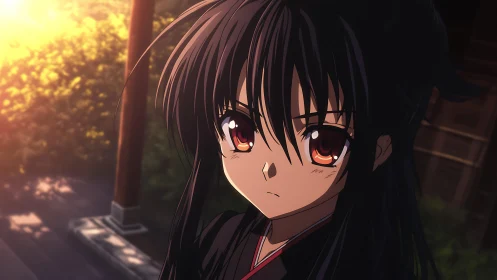 Serious anime girl in sunset light on wooden veranda.