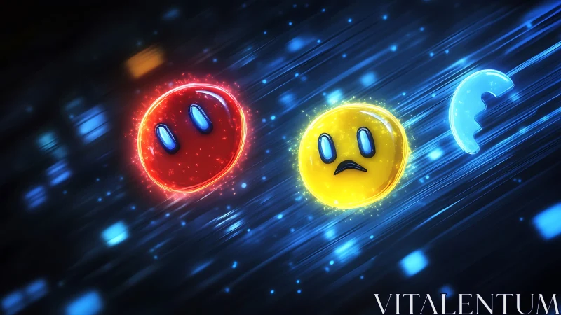 Glowing emoticons race through neon light trails in cyberspace.