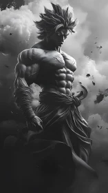 Monochrome warrior towers through storm-torn clouds.