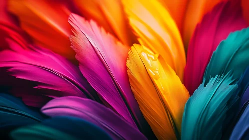 Macro close-up shows overlapping multicolored bird feathers