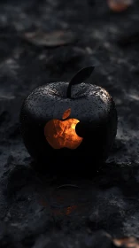 Glowing ember core burns within a sleek black apple shell