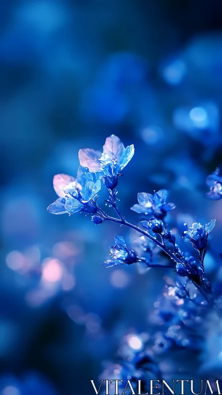 Frost-Covered Flower Branch in Blue Winter Light.