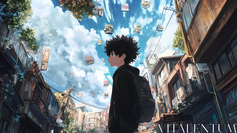 Teen boy in urban alley under floating cable cars.