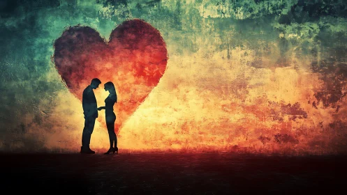 Silhouetted couple beneath luminous red heart