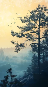 Morning mist braids light and shadow through the cliffside pines