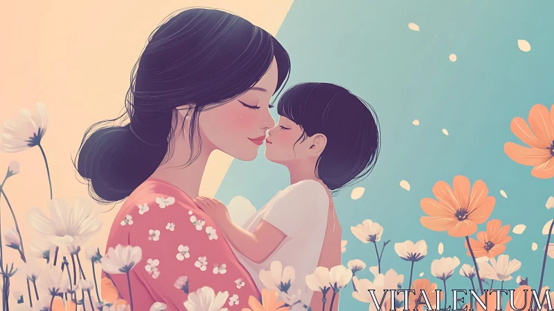 Mother and Child in Floral Field Illustration