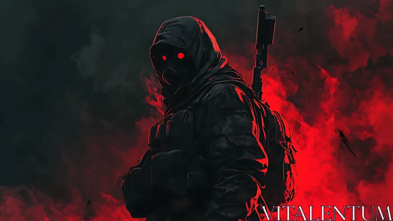 Hooded tactical soldier in red smoke with glowing eyes.
