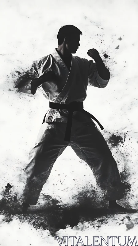 Karate fighter silhouette holds strong fighting stance