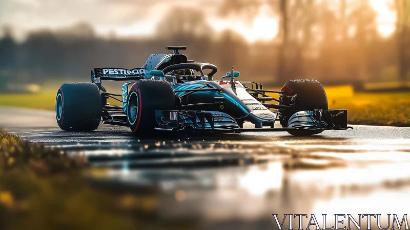 Hybrid Formula race car rendered in cinematic golden hour light