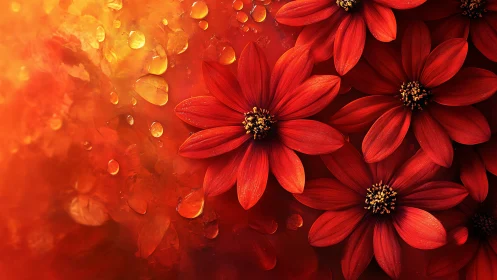 Red Cosmos Flowers with Golden Water Droplets.