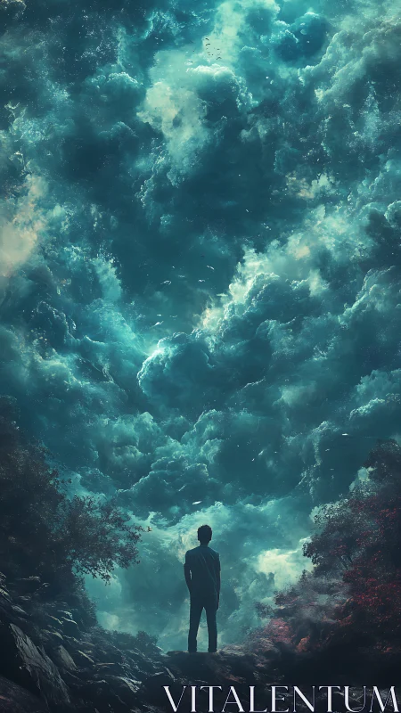 Skyward dreamer pauses beneath a swirling cosmic storm