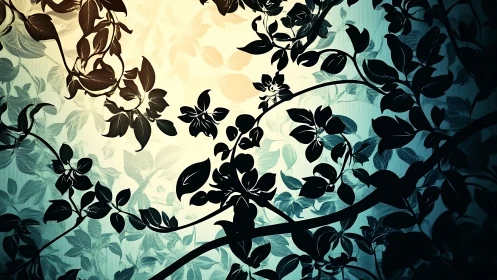 High-contrast floral silhouettes against radial gradient field.