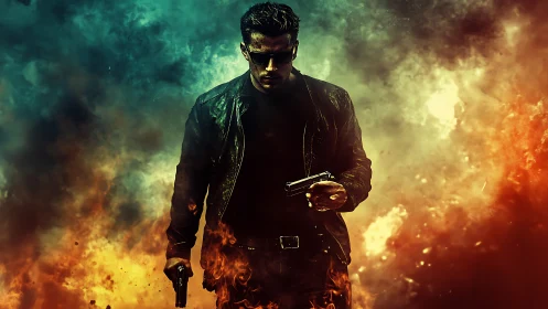 Gunmetal hero strides through twin storms of fire and smoke