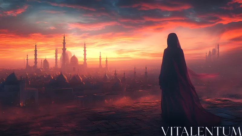 Cloaked figure overlooking glowing domed city at dusk.