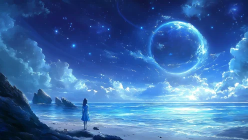 Stargazing shoreline girl beneath a luminous ocean moon.