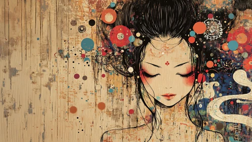 Serene geisha portrait framed by abstract drifting orbs