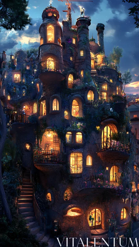 Fantasy cliffside dwelling with illuminated organic volumes.