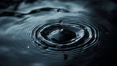 Single water droplet falls into dark reflective ripples
