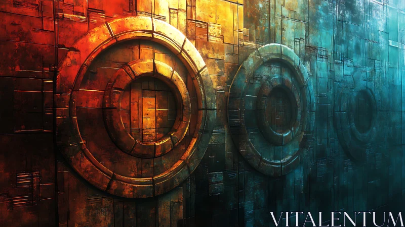Futuristic circular reliefs divide rusted and teal metal wall