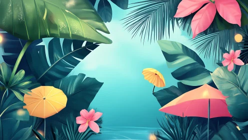 Tropical beach scene with umbrellas and lush green leaves.