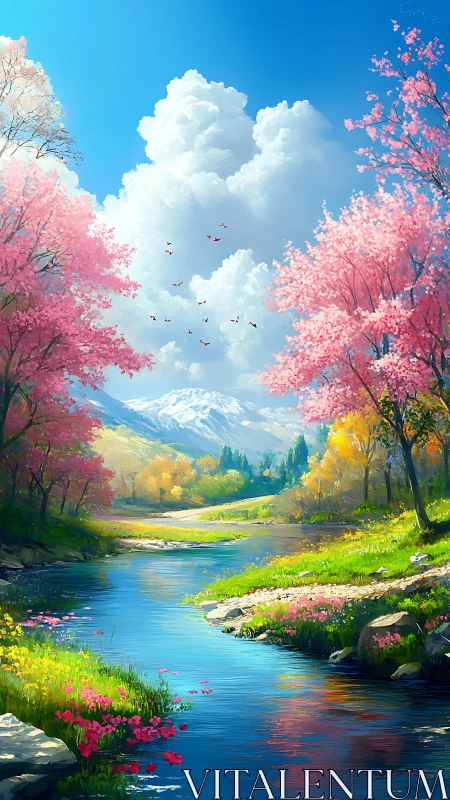 Sunny riverside spring valley with blossoms and soft clouds.