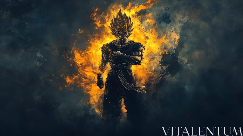 Fiery anime warrior calm within swirling cosmic flame.