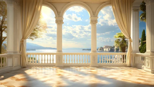 Sunlit marble terrace opening onto a serene coastal dream.