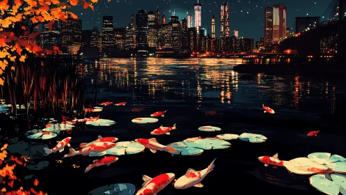 Digital painting of koi pond foreground against luminous city skyline.