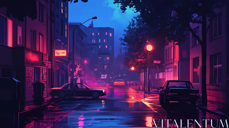 Neon-lit rainy street extends into depth with cinematic contrast