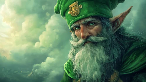 Elderly elf wizard studies misty horizon with stern focus