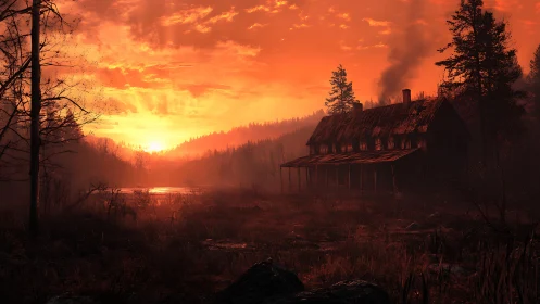 Derelict riverside lodge at fiery volumetric sunset glow