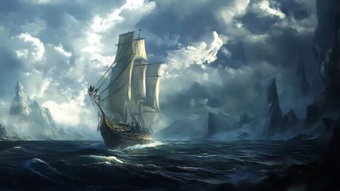 Storm‑haunted galleon carving moonlit paths through cliffs.