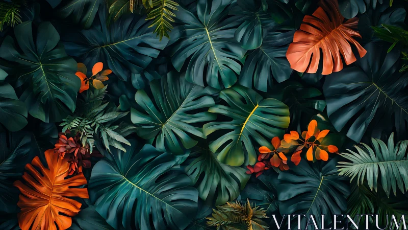 Lush tropical leaves create a deep, moody jungle tapestry