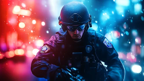Neon night officer strides through split red blue city haze.