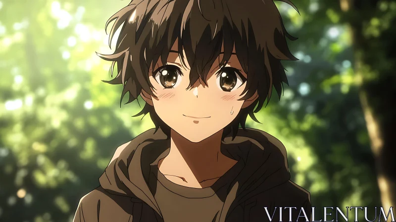 Sunlit forest walk with a shy, smiling anime friend.