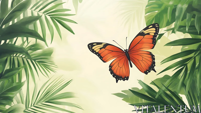 Digital painting of monarch butterfly within tropical foliage.