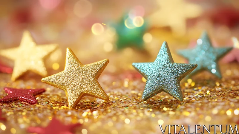 Glittered star-shaped ornaments on reflective golden surface.