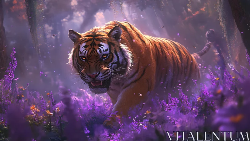Tiger moving through dense purple forest under soft light.