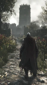 Brooding knight strides toward a mist-drowned ruinous tower.