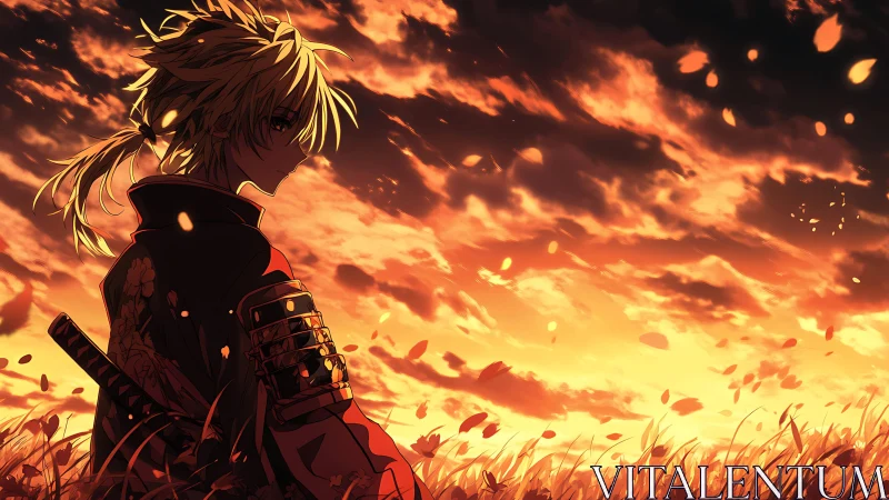 Samurai hero watches a burning orange sunset in silence