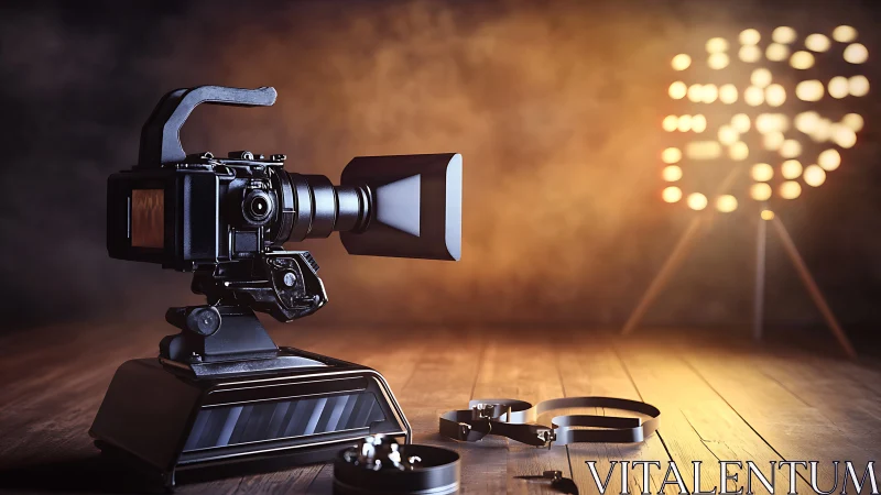 Studio cine camera trophy with film reel on wooden stage.