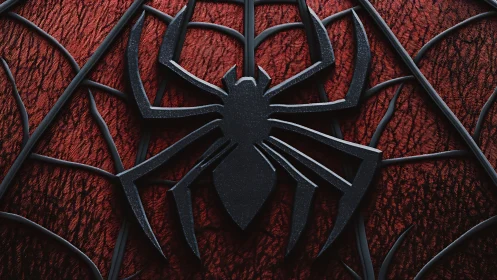 Embossed black spider emblem on textured red mesh field.