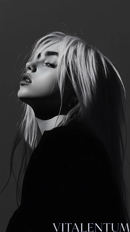 Monochrome female portrait captures quiet cinematic resolve.